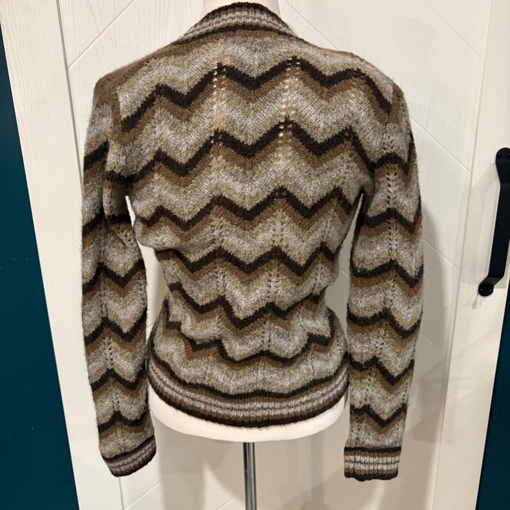 Chevron Tie-Front Cardigan - Brown and Cream boho Retro 70s Look /‎ cottagecore - Picture 3 of 4